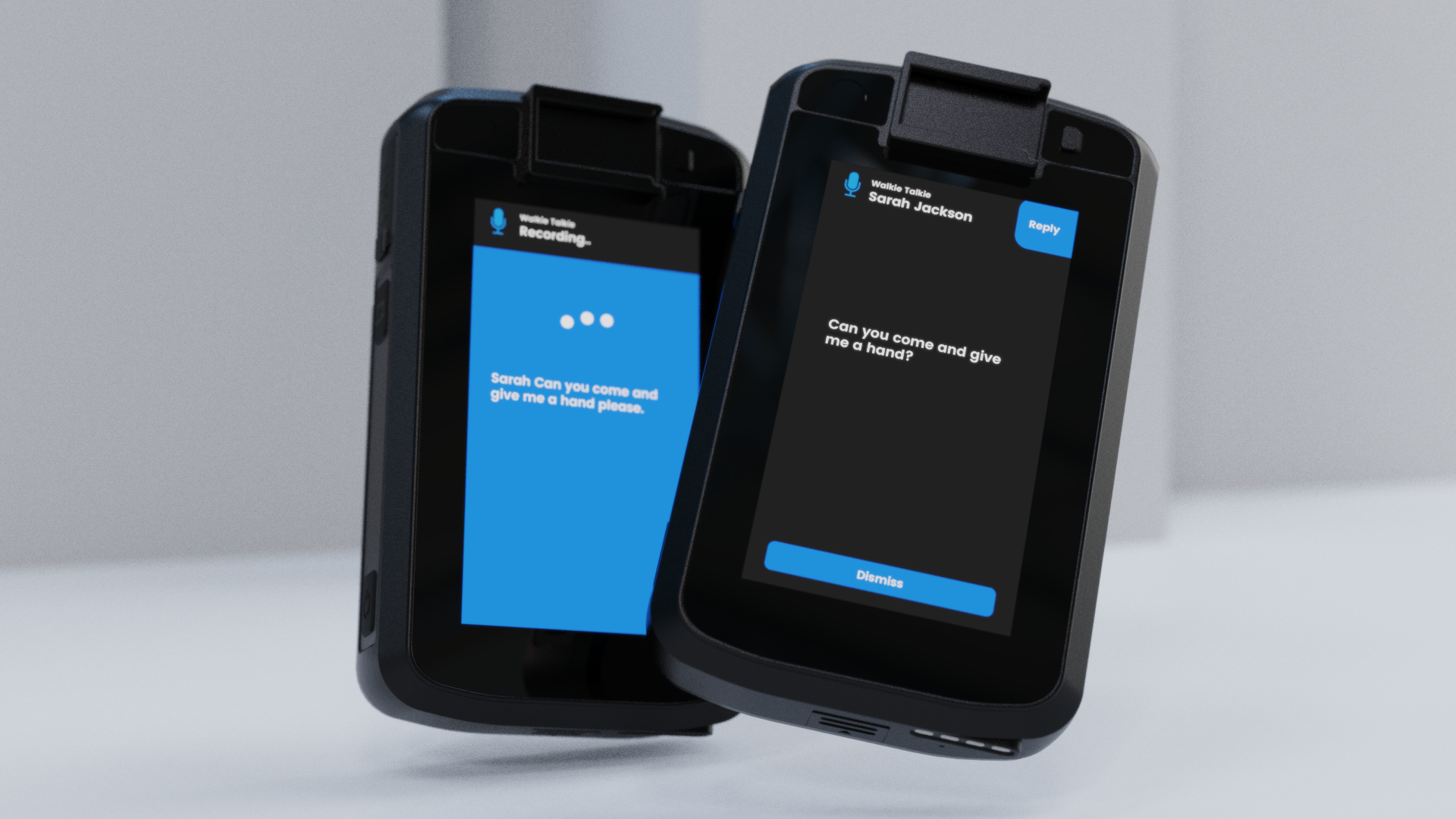 Duress Eagle: body-worn camera, duress alarm and push-to-talk feature. Push the blue button to seamlessly talk to your team.