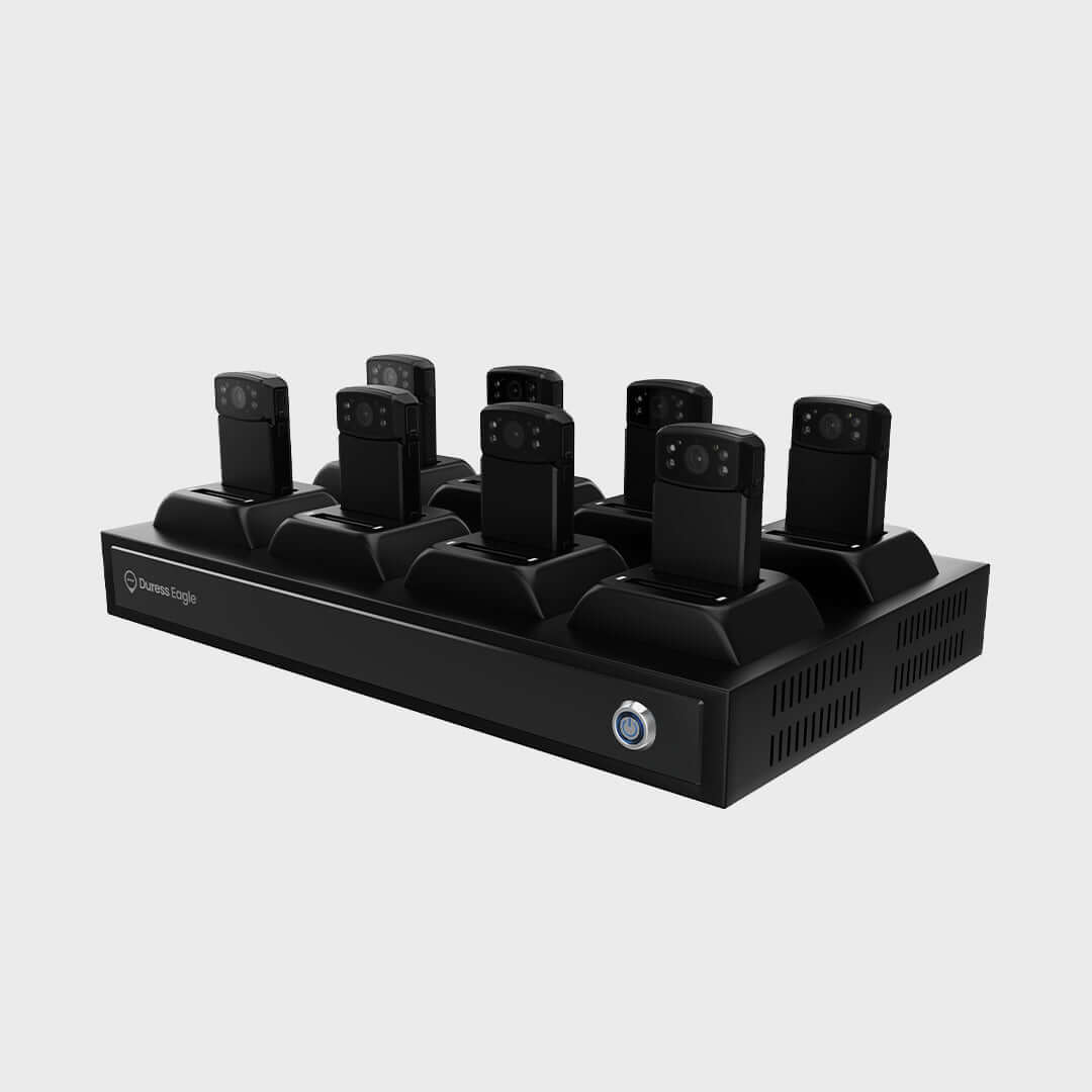 Duress Eagle Charging Dock with multiple body-worn cameras for team safety and efficient charging.