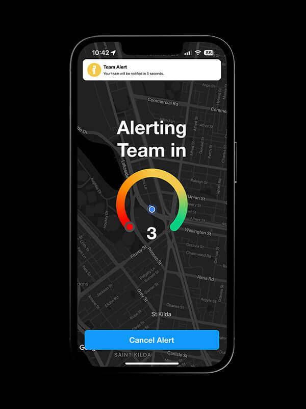 Lone worker safety app with emergency duress alarm on mobile device screen