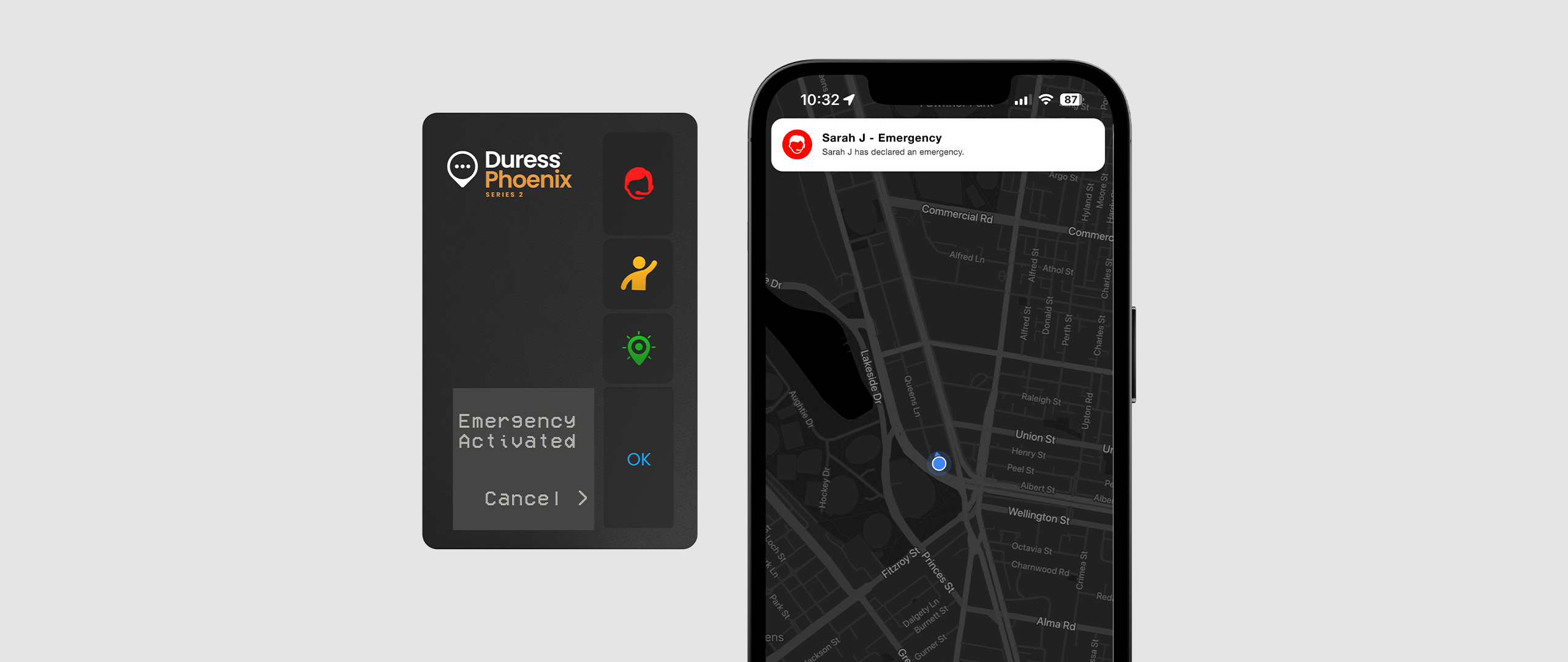 Duress Phoenix paired with Duress App with emergency monitoring for frontline and lone workers