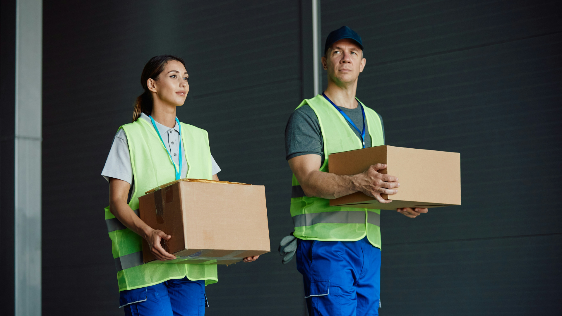 Outreach workers lifting boxes in warehouse