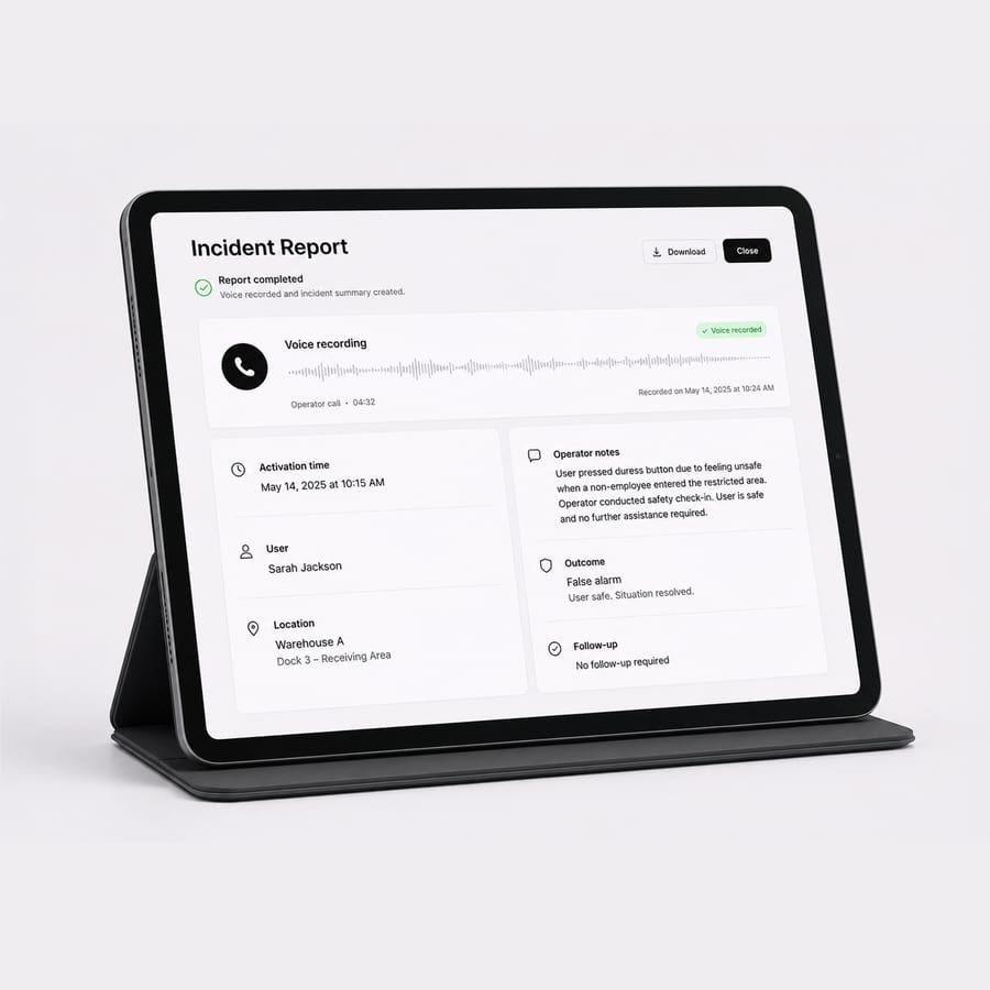 The story, on the record. After every activation, a Duress operator calls the user for a voice-recorded incident report. You end the day…