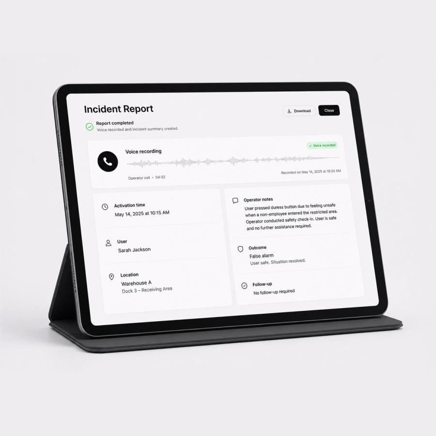 The story, on the record. After every activation, a Duress operator calls the user for a voice-recorded incident report. You end the day…